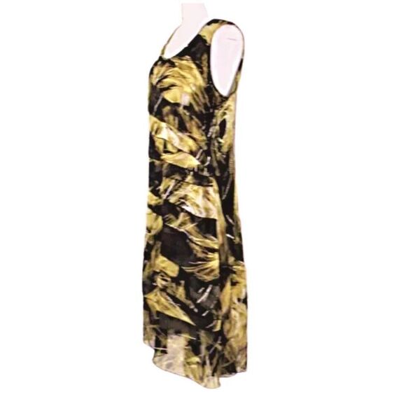  Dress Sleeveless Ruffled Front Midi Length Black &  Yellow  Palm Print Size Lg - Picture 3 of 8